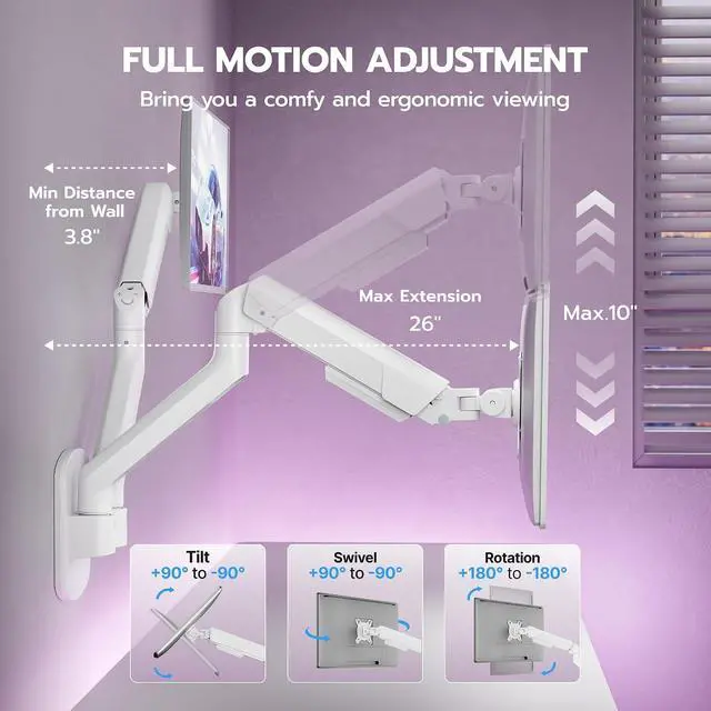 Alt view image 4 of 7 - Dual Monitor Wall Mount for 17-35 Inch Ultrawide Screens, Heavy Duty Monitor Arm up to 26.4 lbs, Fully Adjustable Wall Mount, VESA 75x75/100x100 Compatible, White