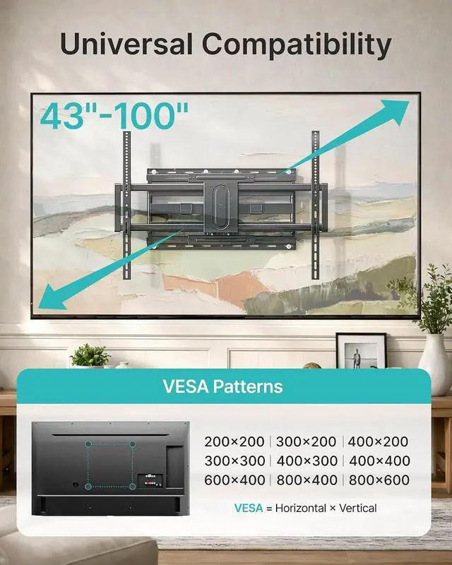 Alt view image 2 of 7 - Full Motion TV Wall Mount for 43-100 Inch TVs up to 176lbs, 25.2" Extension, Swivel Heavy Duty TV Bracket, Sliding Dual Arms for Off-Center Studs, Fits 16"/ 18" /24", VESA 800x600