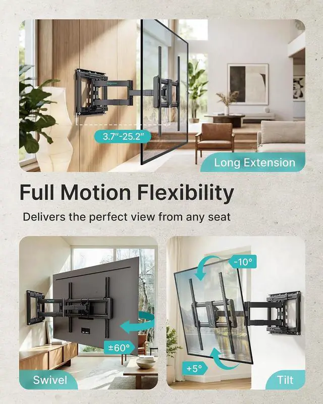 Alt view image 3 of 7 - Full Motion TV Wall Mount for 43-100 Inch TVs up to 176lbs, 25.2" Extension, Swivel Heavy Duty TV Bracket, Sliding Dual Arms for Off-Center Studs, Fits 16"/ 18" /24", VESA 800x600