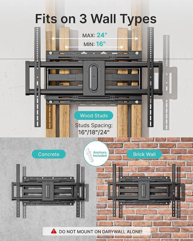 Alt view image 5 of 7 - Full Motion TV Wall Mount for 43-100 Inch TVs up to 176lbs, 25.2" Extension, Swivel Heavy Duty TV Bracket, Sliding Dual Arms for Off-Center Studs, Fits 16"/ 18" /24", VESA 800x600