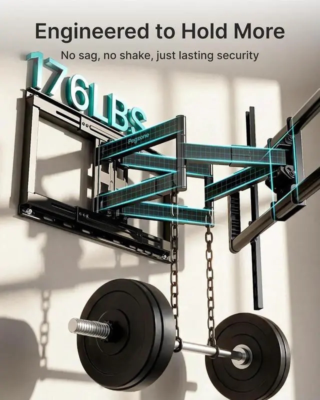 Alt view image 4 of 7 - Full Motion TV Wall Mount for 43-100 Inch TVs up to 176lbs, 25.2" Extension, Swivel Heavy Duty TV Bracket, Sliding Dual Arms for Off-Center Studs, Fits 16"/ 18" /24", VESA 800x600