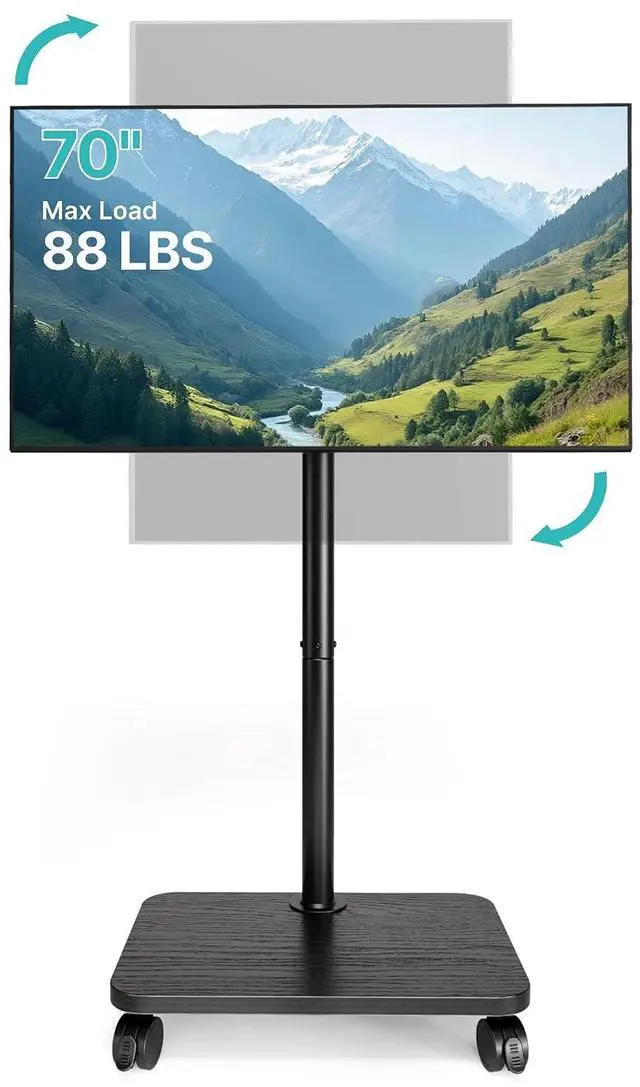 Main image of Rolling TV Stand for 32-70 Inch TVs Holds up to 88 lbs, 90° Rotation Standing TV Mount with Height Adjustment, Mobile TV Stand with Mount on Wheels, for Bedroom, Corner, Living Room, Black