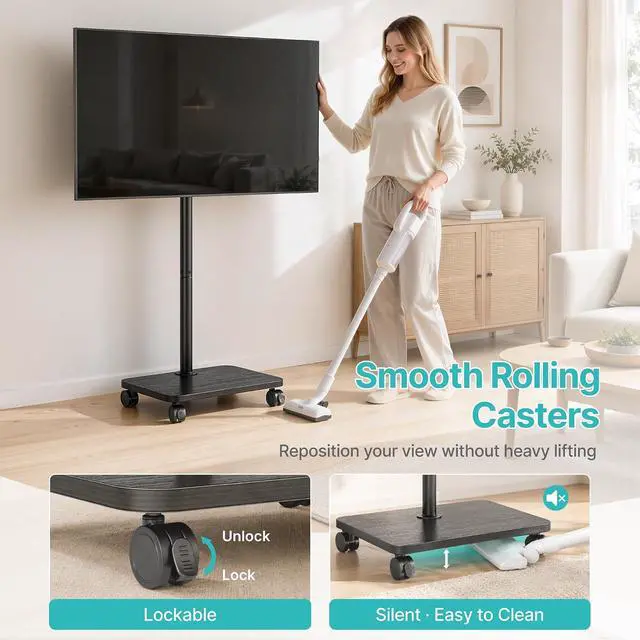 Alt view image 3 of 7 - Rolling TV Stand for 32-70 Inch TVs Holds up to 88 lbs, 90° Rotation Standing TV Mount with Height Adjustment, Mobile TV Stand with Mount on Wheels, for Bedroom, Corner, Living Room, Black
