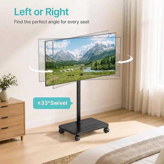 Alt view image 4 of 7 - Rolling TV Stand for 32-70 Inch TVs Holds up to 88 lbs, 90° Rotation Standing TV Mount with Height Adjustment, Mobile TV Stand with Mount on Wheels, for Bedroom, Corner, Living Room, Black