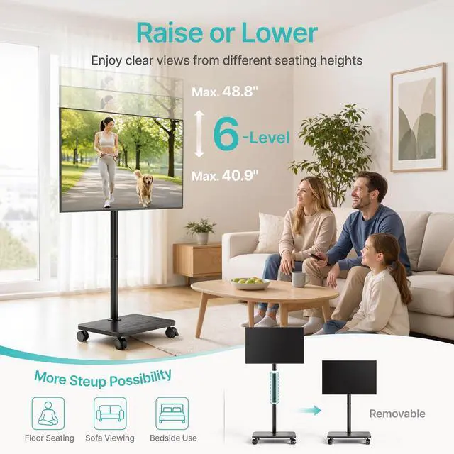 Alt view image 5 of 7 - Rolling TV Stand for 32-70 Inch TVs Holds up to 88 lbs, 90° Rotation Standing TV Mount with Height Adjustment, Mobile TV Stand with Mount on Wheels, for Bedroom, Corner, Living Room, Black