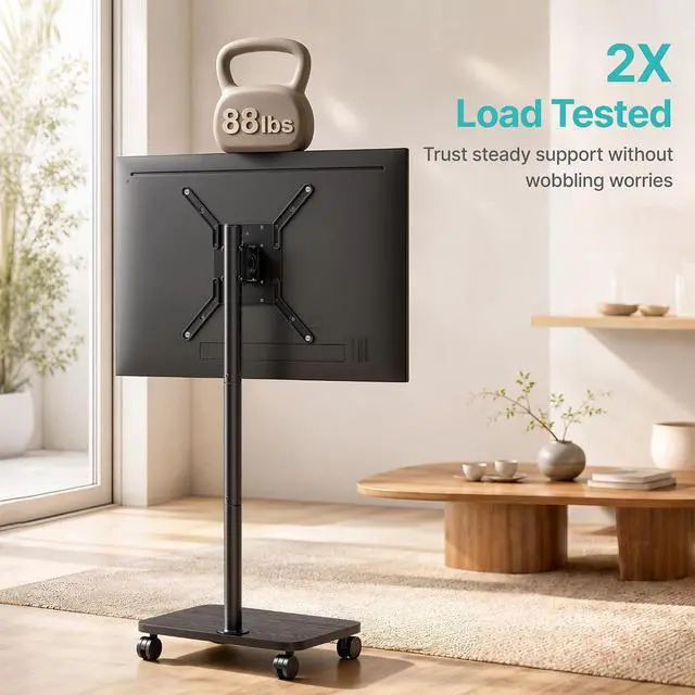 Alt view image 7 of 7 - Rolling TV Stand for 32-70 Inch TVs Holds up to 88 lbs, 90° Rotation Standing TV Mount with Height Adjustment, Mobile TV Stand with Mount on Wheels, for Bedroom, Corner, Living Room, Black