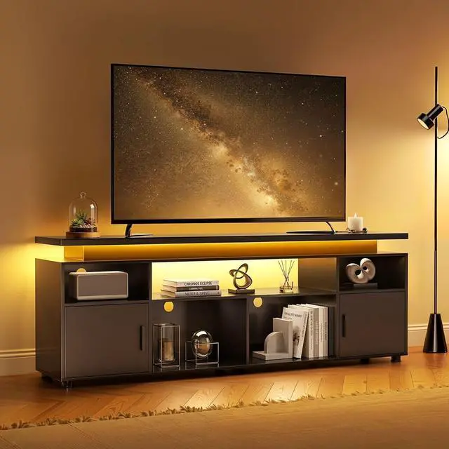 Main image of 70" LED TV Stand for 65-80" TVs with Power Outlets & Storage, Black | Modern Entertainment Center with RGB Lighting, Gaming TV Consoles for Living Room and Bedroom