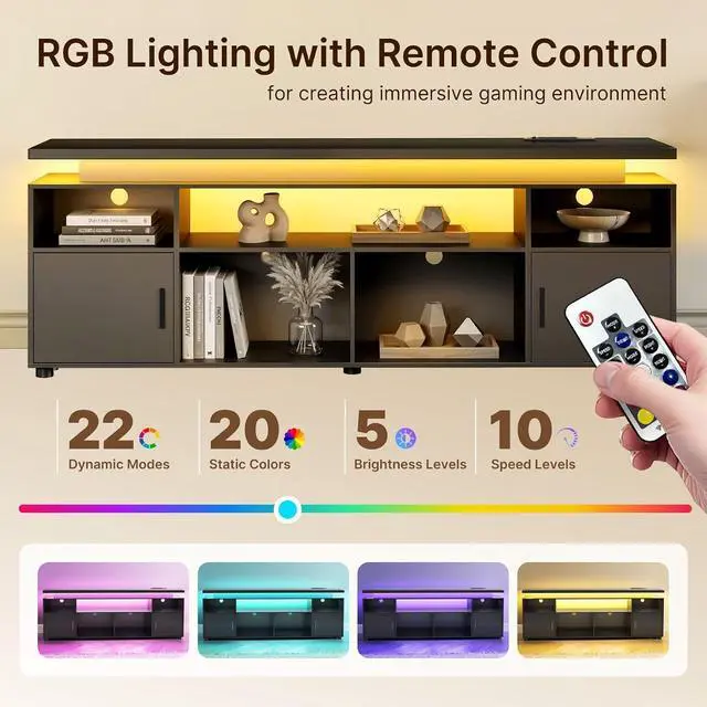 Alt view image 4 of 7 - 70" LED TV Stand for 65-80" TVs with Power Outlets & Storage, Black | Modern Entertainment Center with RGB Lighting, Gaming TV Consoles for Living Room and Bedroom