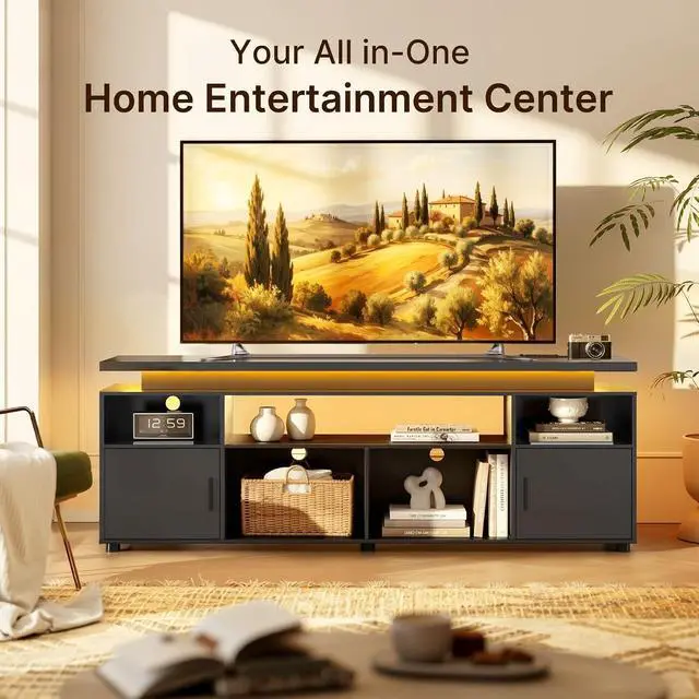 Alt view image 6 of 7 - 70" LED TV Stand for 65-80" TVs with Power Outlets & Storage, Black | Modern Entertainment Center with RGB Lighting, Gaming TV Consoles for Living Room and Bedroom