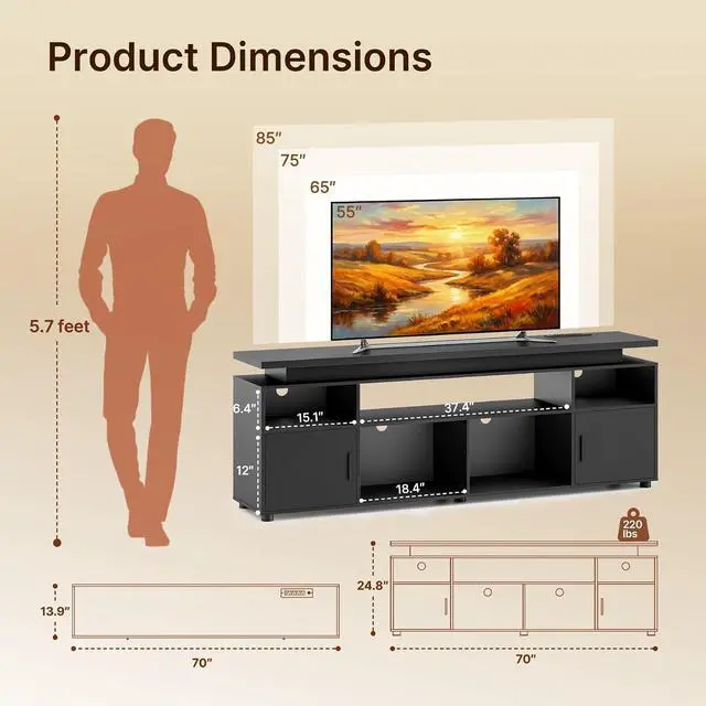 Alt view image 2 of 7 - 70" LED TV Stand for 65-80" TVs with Power Outlets & Storage, Black | Modern Entertainment Center with RGB Lighting, Gaming TV Consoles for Living Room and Bedroom