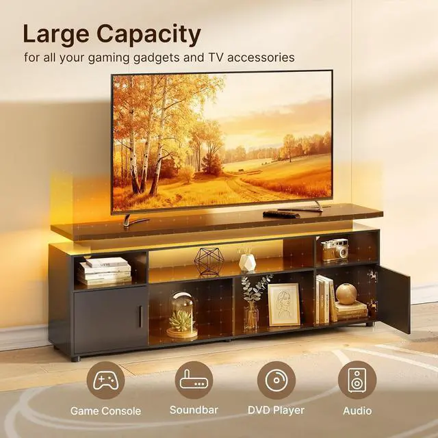 Alt view image 7 of 7 - 70" LED TV Stand for 65-80" TVs with Power Outlets & Storage, Black | Modern Entertainment Center with RGB Lighting, Gaming TV Consoles for Living Room and Bedroom