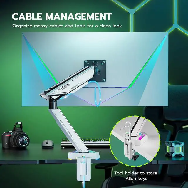 Alt view image 6 of 7 - RGB Single Monitor Arm Desk Mount for 17-45 inches Flat and Curved Monitors, Holds 35.2 lbs Heavy Duty, Adjustable Ultrawide Monitor Arm with Clamp & Grommet Base, 75/100 VESA Mount, White