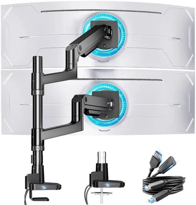 Main image of Dual Monitor Arm for Ultrawide Heavy Duty Curved Monitor Stacking, Fits 17-49 Inch, Vertical Gas Spring Double Monitor Stand with USB, Adjustable Dual Monitor Mount for Desk, Black
