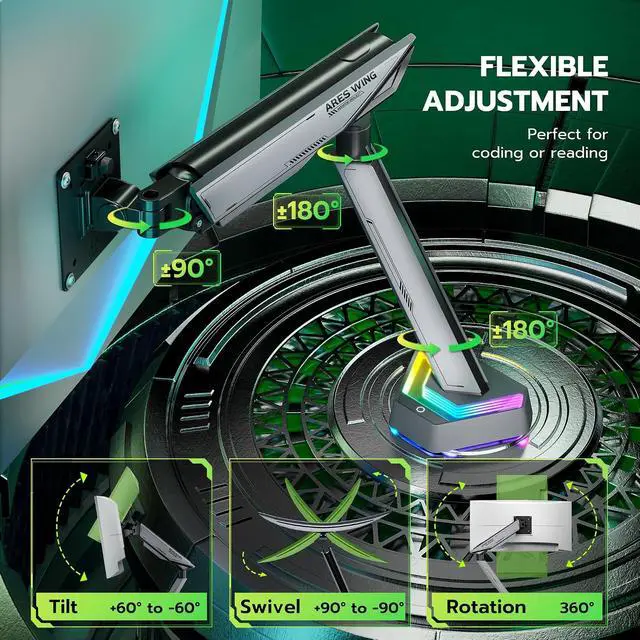 Alt view image 5 of 7 - RGB Single Monitor Arm Desk Mount for 17-45 inches Flat and Curved Monitors, Holds 35.2 lbs Heavy Duty, Adjustable Ultrawide Monitor Arm with Clamp & Grommet Base, 75/100 VESA Mount, Gray