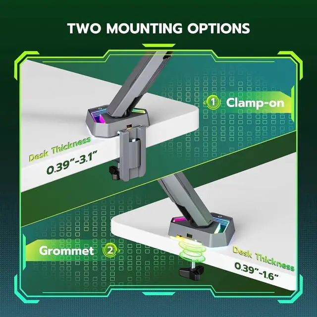 Alt view image 7 of 7 - RGB Single Monitor Arm Desk Mount for 17-45 inches Flat and Curved Monitors, Holds 35.2 lbs Heavy Duty, Adjustable Ultrawide Monitor Arm with Clamp & Grommet Base, 75/100 VESA Mount, Gray
