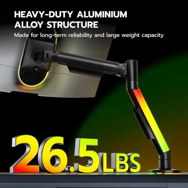 Alt view image 4 of 7 - RGB Single Monitor Arm Desk Mount for 17-40 inches Flat and Curved Monitors, Holds 26.5 lbs Heavy Duty, Adjustable Computer Monitor Mount with Clamp & Grommet Base, 75/100 VESA Mount, Black