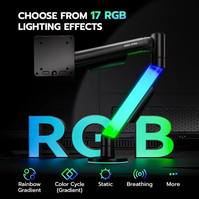 Alt view image 2 of 7 - RGB Single Monitor Arm Desk Mount for 17-40 inches Flat and Curved Monitors, Holds 26.5 lbs Heavy Duty, Adjustable Computer Monitor Mount with Clamp & Grommet Base, 75/100 VESA Mount, Black
