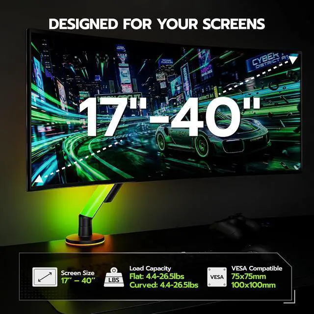 Alt view image 3 of 7 - RGB Single Monitor Arm Desk Mount for 17-40 inches Flat and Curved Monitors, Holds 26.5 lbs Heavy Duty, Adjustable Computer Monitor Mount with Clamp & Grommet Base, 75/100 VESA Mount, Black