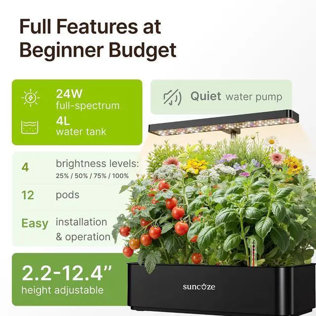 Alt view image 2 of 7 - Hydroponics Growing System Kit 12 Pods, 24W LED Grow Light Indoor Garden, 4L Water Tank with Quiet Pump, Adjustable Height Herb Garden Planter Indoor Kit, Gardening Gifts, Black