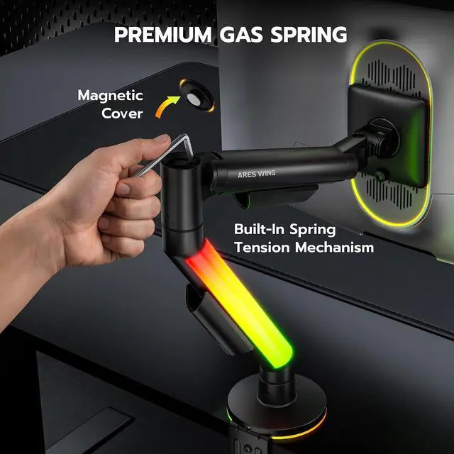 Alt view image 6 of 7 - RGB Single Monitor Arm Desk Mount for 17-40 inches Flat and Curved Monitors, Holds 26.5 lbs Heavy Duty, Adjustable Computer Monitor Mount with Clamp & Grommet Base, 75/100 VESA Mount, Black