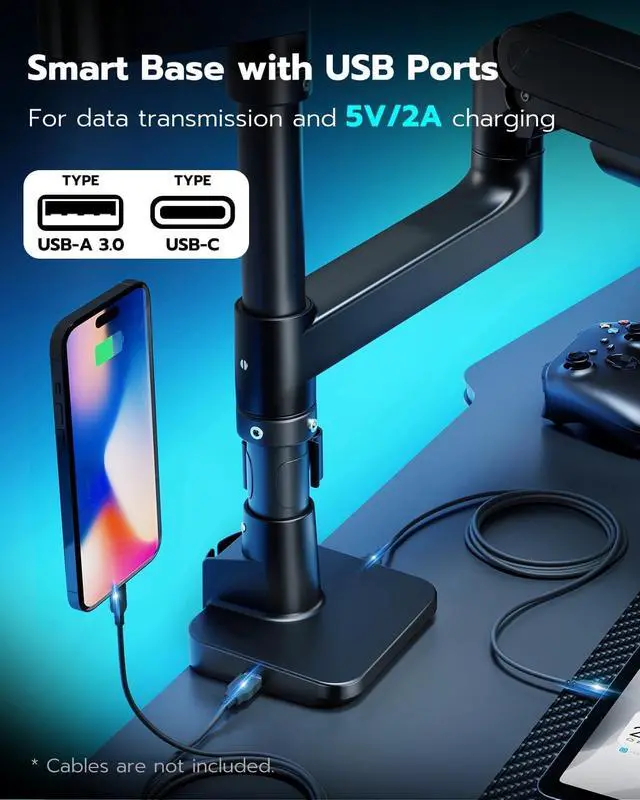 Alt view image 7 of 7 - Dual Monitor Arm for Ultrawide Heavy Duty Curved Monitor Stacking, Fits 17-49 Inch, Vertical Gas Spring Double Monitor Stand with USB, Adjustable Dual Monitor Mount for Desk, Black