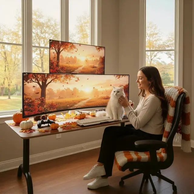 Alt view image 2 of 7 - Dual Monitor Arm for Ultrawide Heavy Duty Curved Monitor Stacking, Fits 17-49 Inch, Vertical Gas Spring Double Monitor Stand with USB, Adjustable Dual Monitor Mount for Desk, White