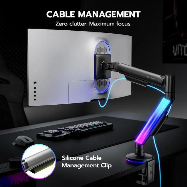 Alt view image 7 of 7 - RGB Single Monitor Arm Desk Mount for 17-40 inches Flat and Curved Monitors, Holds 26.5 lbs Heavy Duty, Adjustable Computer Monitor Mount with Clamp & Grommet Base, 75/100 VESA Mount, Black