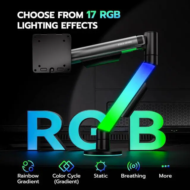Alt view image 2 of 7 - RGB Single Monitor Arm Desk Mount for 17-40 inches Flat and Curved Monitors, Holds 26.5 lbs Heavy Duty, Adjustable Computer Monitor Mount with Clamp & Grommet Base, 75/100 VESA Mount, Grey