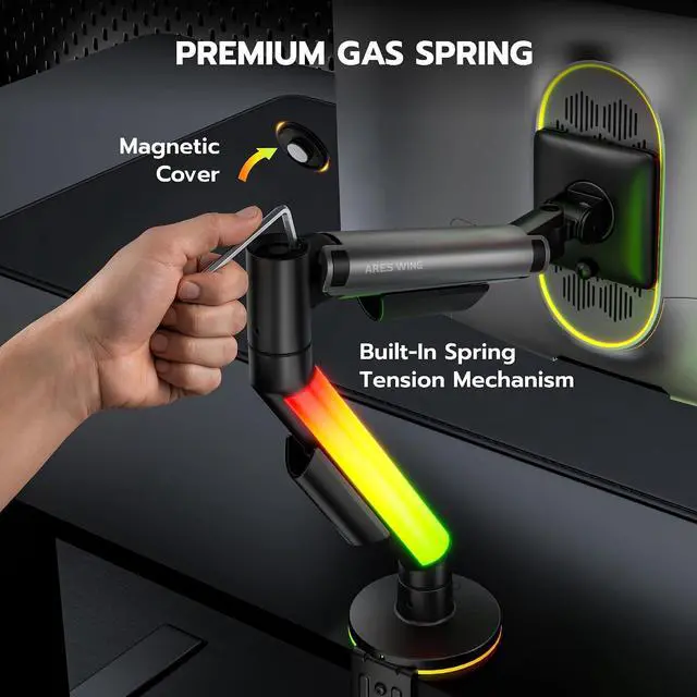 Alt view image 6 of 7 - RGB Single Monitor Arm Desk Mount for 17-40 inches Flat and Curved Monitors, Holds 26.5 lbs Heavy Duty, Adjustable Computer Monitor Mount with Clamp & Grommet Base, 75/100 VESA Mount, Grey