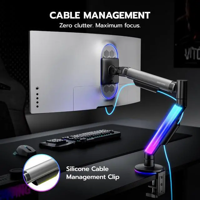 Alt view image 7 of 7 - RGB Single Monitor Arm Desk Mount for 17-40 inches Flat and Curved Monitors, Holds 26.5 lbs Heavy Duty, Adjustable Computer Monitor Mount with Clamp & Grommet Base, 75/100 VESA Mount, Grey