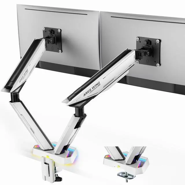 Main image of RGB Dual Monitor Arm for 17-38" Ultrawide Screens, Holds 35.2lbs, Heavy Duty Dual Monitor Stand for Desk, Adjustable Double Monitor Mount with Clamp & Grommet Base, 75/100 VESA Mount, White