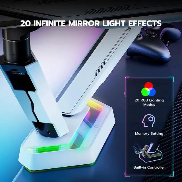 Alt view image 2 of 7 - RGB Dual Monitor Arm for 17-38" Ultrawide Screens, Holds 35.2lbs, Heavy Duty Dual Monitor Stand for Desk, Adjustable Double Monitor Mount with Clamp & Grommet Base, 75/100 VESA Mount, White