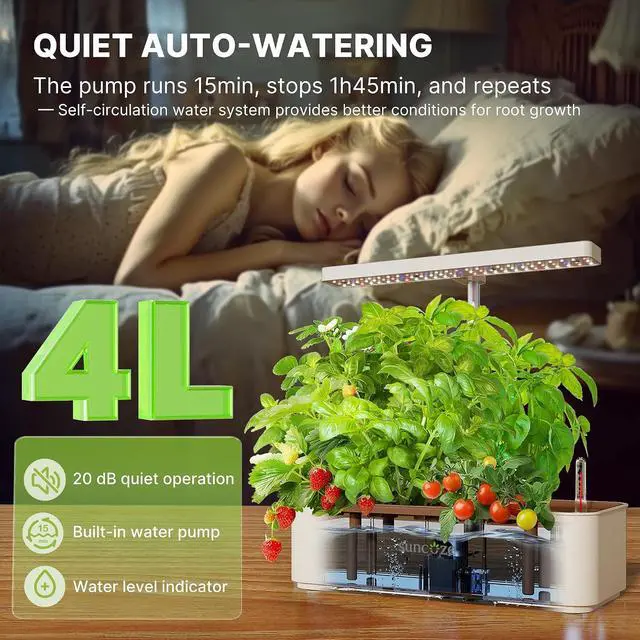 Alt view image 5 of 7 - Hydroponics Growing System Kit 12 Pods, 24W LED Grow Light Indoor Garden, 4L Water Tank with Quiet Pump, Adjustable Height Herb Garden Planter Indoor Kit, Gardening Gifts, Beige