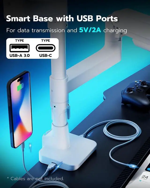 Alt view image 7 of 7 - Dual Monitor Arm for Ultrawide Heavy Duty Curved Monitor Stacking, Fits 17-49 Inch, Vertical Gas Spring Double Monitor Stand with USB, Adjustable Dual Monitor Mount for Desk, White