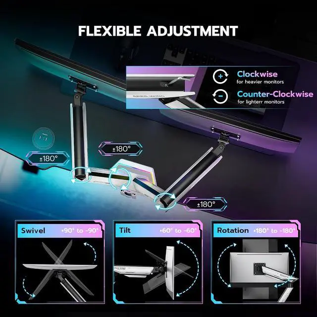 Alt view image 4 of 7 - RGB Dual Monitor Arm for 17-38" Ultrawide Screens, Holds 35.2lbs, Heavy Duty Dual Monitor Stand for Desk, Adjustable Double Monitor Mount with Clamp & Grommet Base, 75/100 VESA Mount, White