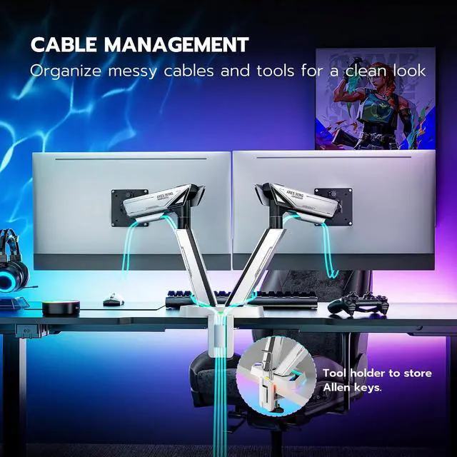 Alt view image 5 of 7 - RGB Dual Monitor Arm for 17-38" Ultrawide Screens, Holds 35.2lbs, Heavy Duty Dual Monitor Stand for Desk, Adjustable Double Monitor Mount with Clamp & Grommet Base, 75/100 VESA Mount, White