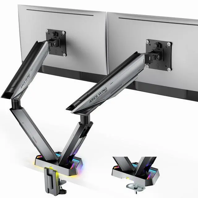 Main image of RGB Dual Monitor Arm for 17-38" Ultrawide Screens, Holds 35.2lbs, Heavy Duty Dual Monitor Stand for Desk, Adjustable Double Mount with Clamp & Grommet Base, 75/100 VESA Mount, Gray
