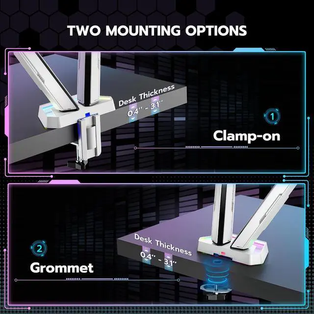 Alt view image 7 of 7 - RGB Dual Monitor Arm for 17-38" Ultrawide Screens, Holds 35.2lbs, Heavy Duty Dual Monitor Stand for Desk, Adjustable Double Monitor Mount with Clamp & Grommet Base, 75/100 VESA Mount, White