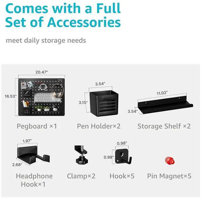 Alt view image 2 of 7 - Clamp on Desk Pegboard, 20.4" x 16.5", with 15 Accessories, Black | Magnetic Metal Peg Board, Desk Organizer for Office Gaming Home, Privacy Panel, Large