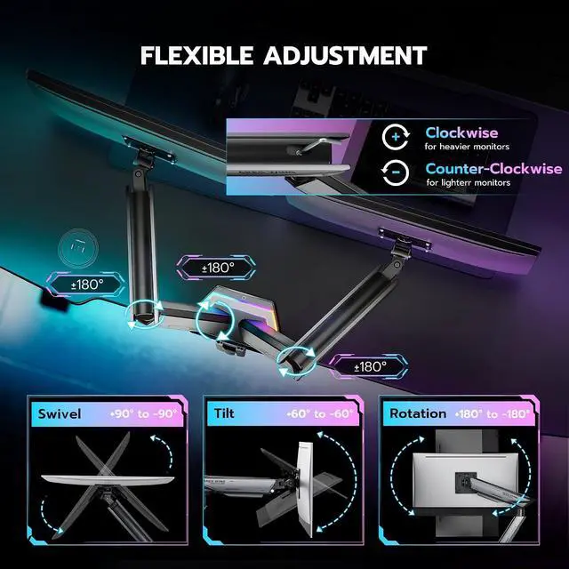Alt view image 4 of 7 - RGB Dual Monitor Arm for 17-38" Ultrawide Screens, Holds 35.2lbs, Heavy Duty Dual Monitor Stand for Desk, Adjustable Double Mount with Clamp & Grommet Base, 75/100 VESA Mount, Gray