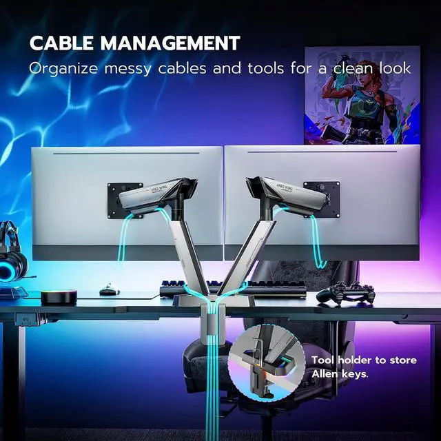 Alt view image 5 of 7 - RGB Dual Monitor Arm for 17-38" Ultrawide Screens, Holds 35.2lbs, Heavy Duty Dual Monitor Stand for Desk, Adjustable Double Mount with Clamp & Grommet Base, 75/100 VESA Mount, Gray
