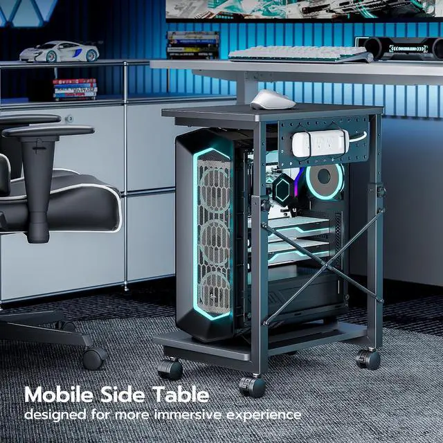 Alt view image 2 of 7 - Height Adjustable Computer Tower Stand, 2-Tier PC Tower Stand for Most PC, CPU Holder Cart with Locking Wheels for Gaming Home Office, 21.7"-33.5" Height Pack of 1