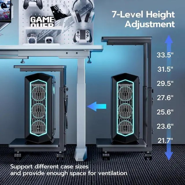 Alt view image 3 of 7 - Height Adjustable Computer Tower Stand, 2-Tier PC Tower Stand for Most PC, CPU Holder Cart with Locking Wheels for Gaming Home Office, 21.7"-33.5" Height Pack of 1