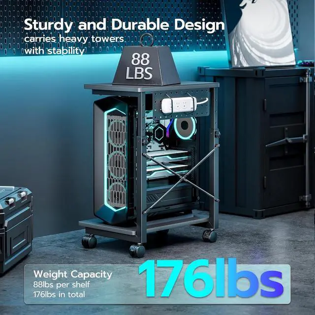 Alt view image 4 of 7 - Height Adjustable Computer Tower Stand, 2-Tier PC Tower Stand for Most PC, CPU Holder Cart with Locking Wheels for Gaming Home Office, 21.7"-33.5" Height Pack of 1