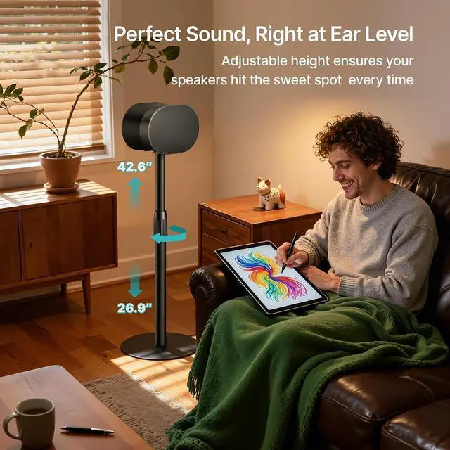Alt view image 3 of 7 - 26.9"-42.6" Height Adjustable Speaker Stands Compatible with SONOS Era 300 and Era 100, Floor Stands with Cable Management, Speaker Mount, Black, 2 Pack (Pair)