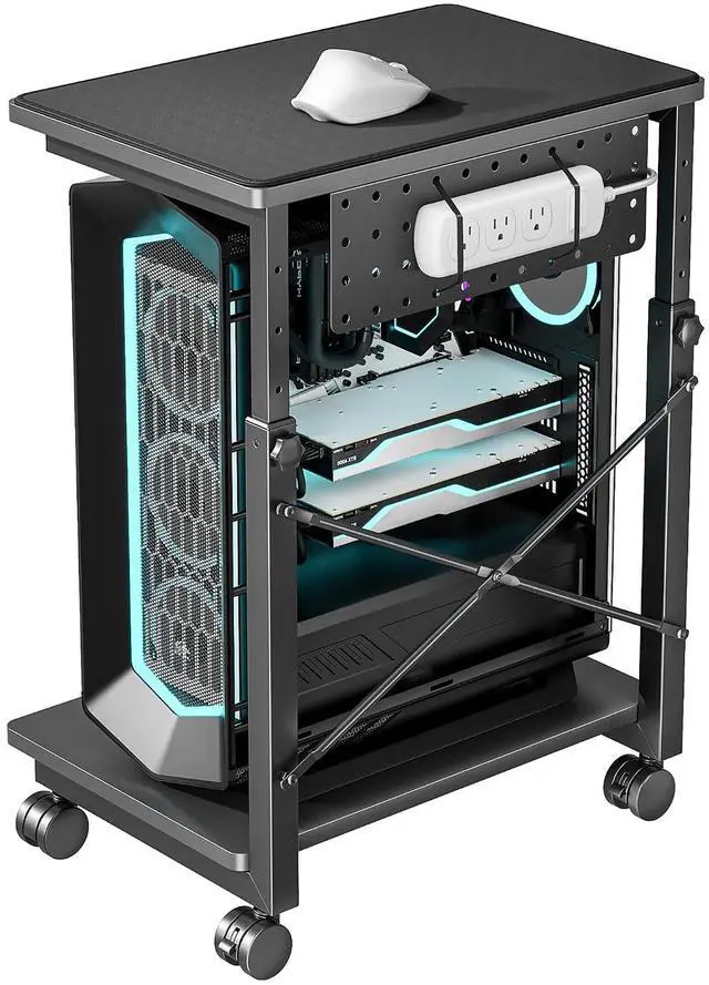 Main image of Height Adjustable Computer Tower Stand, 2-Tier PC Tower Stand for Most PC, CPU Holder Cart with Locking Wheels for Gaming Home Office, 21.7"-33.5" Height Pack of 1