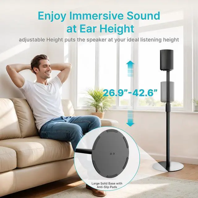 Alt view image 3 of 7 - Speaker Stand Compatible with SONOS Era 300 and Era 100, Height Adjustable up to 42.6'', Floor Stand with Cable Management, Speaker Mount, Black, 1 Pack
