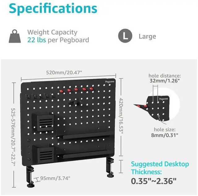 Alt view image 6 of 7 - Clamp on Desk Pegboard, 20.4" x 16.5", with 15 Accessories, Black | Magnetic Metal Peg Board, Desk Organizer for Office Gaming Home, Privacy Panel, Large