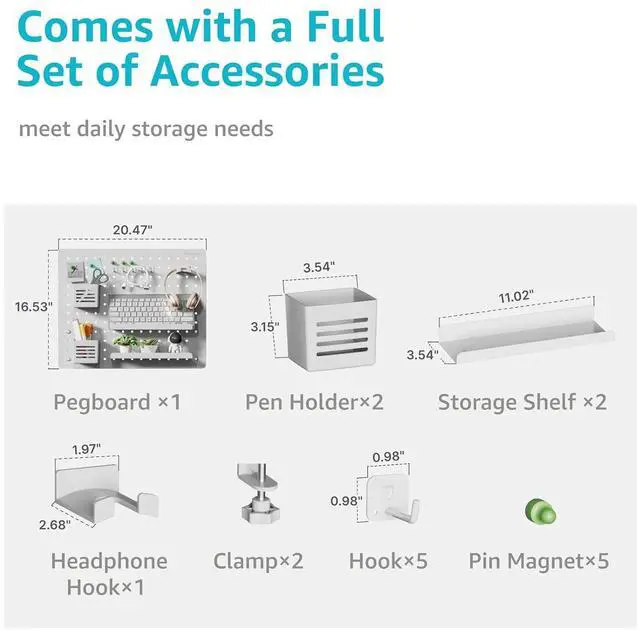 Alt view image 2 of 7 - Clamp on Desk Pegboard, 20.4" x 16.5", with 15 Accessories, White | Magnetic Metal Peg Board, Desk Organizer for Office Gaming Home, Privacy Panel, Large