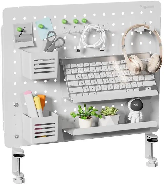 Main image of Clamp on Desk Pegboard, 20.4" x 16.5", with 15 Accessories, White | Magnetic Metal Peg Board, Desk Organizer for Office Gaming Home, Privacy Panel, Large